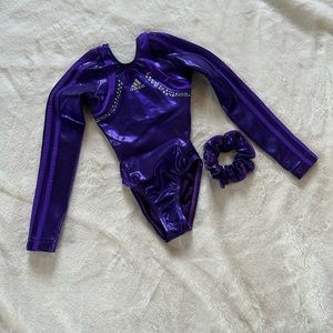 Adidas Long Sleeve Leotard Purple Rhinestone with Scrunchie Child Small NWOT
